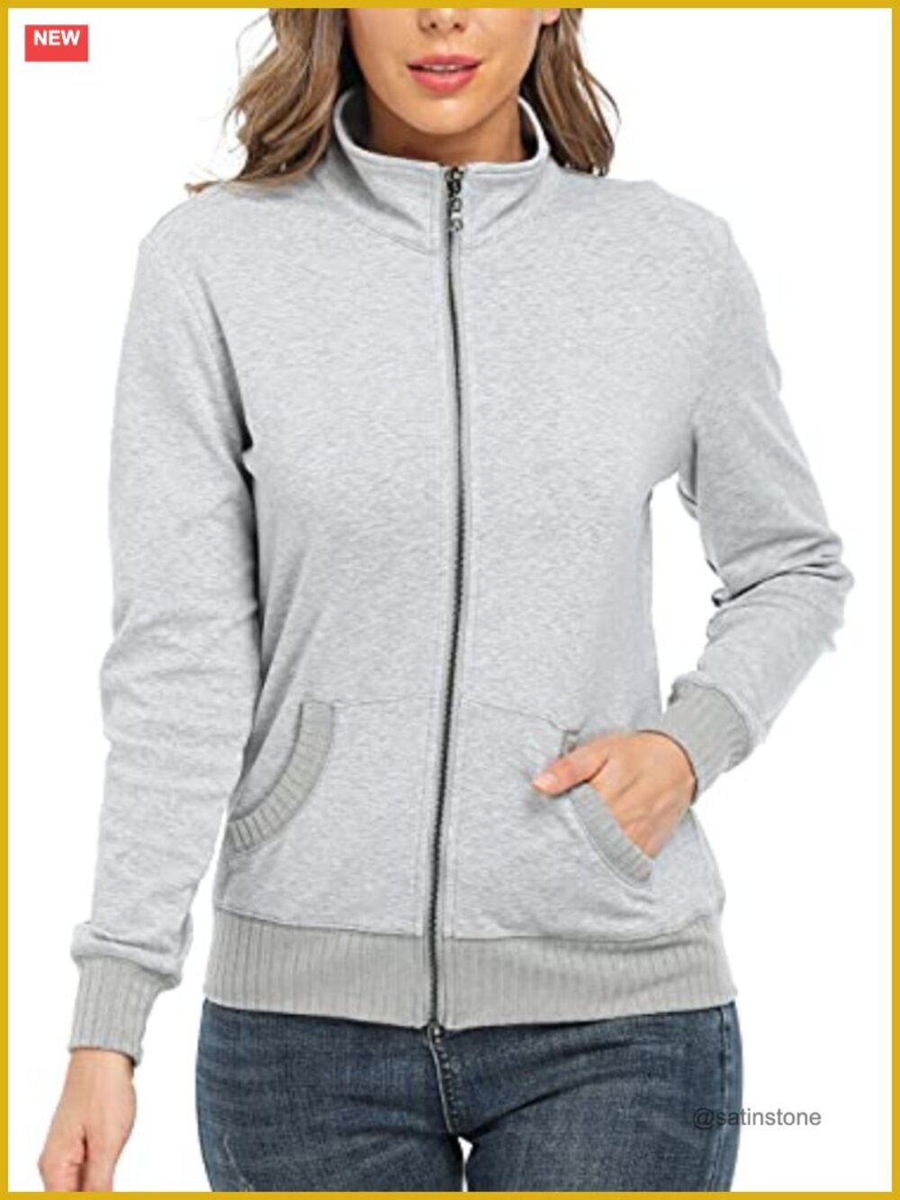 Zip Up Hoodless Sweatshirt Jacket with Pockets Regular Fit Cotton - Picture 2 of 6